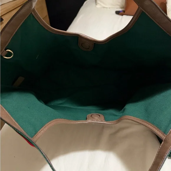 Brown Tote Bag with Green and Red Stripes - Picture 4 of 4